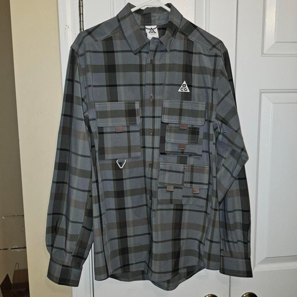 Nike ACG Devastation Trail Shirt Mens Size S Grey Plaid Good
